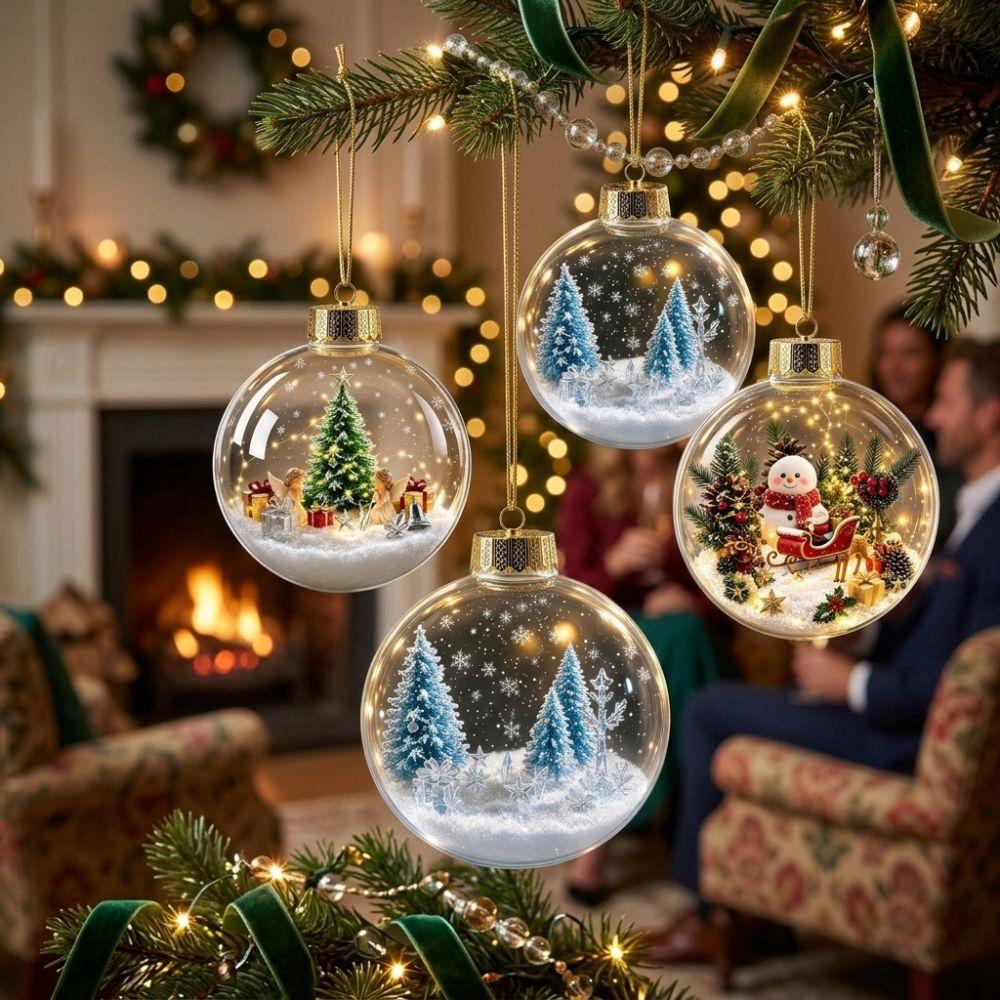 Clear Acrylic Lighted Christmas Ball Ornament Warm LED Shock-Resistant Light-Up Tree Hanging Bauble Cartoon Snowflake Deer