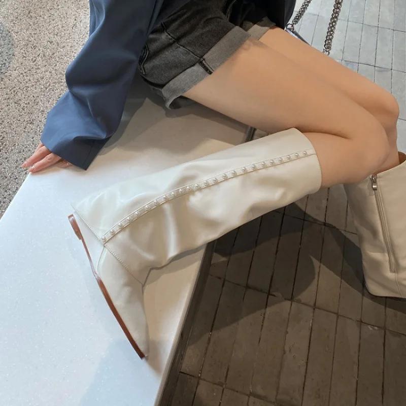 Модные женские сапоги-брюки, крутые сапоги до колена, украшенные жемчугом, на молнии, с покатым каблуком, с квадратной головкой, женская обувь