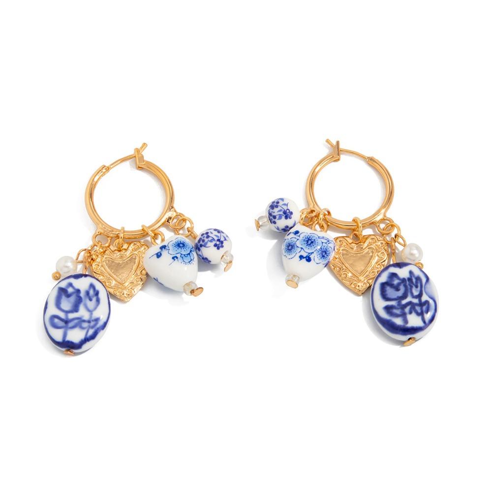 Ювелирные аксессуары Сине-белые фарфоровые серьги Цинк Цинковый сплав Серьги-кольца Керамическая ушная пряжка Вечеринка