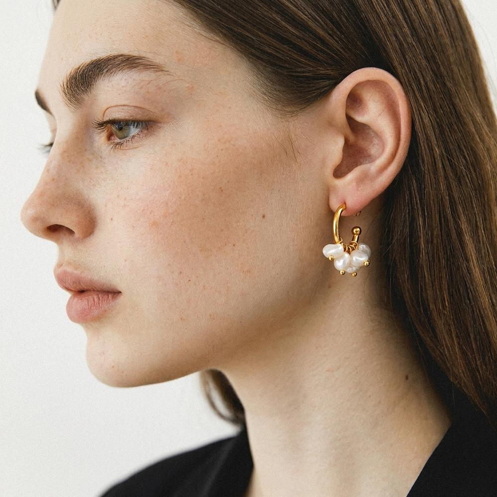 Stainless Steel Pearl Hoop Earrings for Women 18K Gold Color C-Shape Drop Earring Daily Vintage Elegant Zircon Accessories