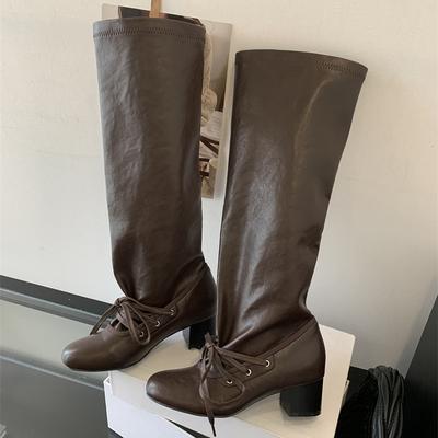 Eilyken Уличные Винтажные Ботинки до Колена на Шнуровке с Плиссировкой и Круглым Носком Женские Ботильоны на Квадратном Низком Каблуке Женская Обувь Осень-Зима