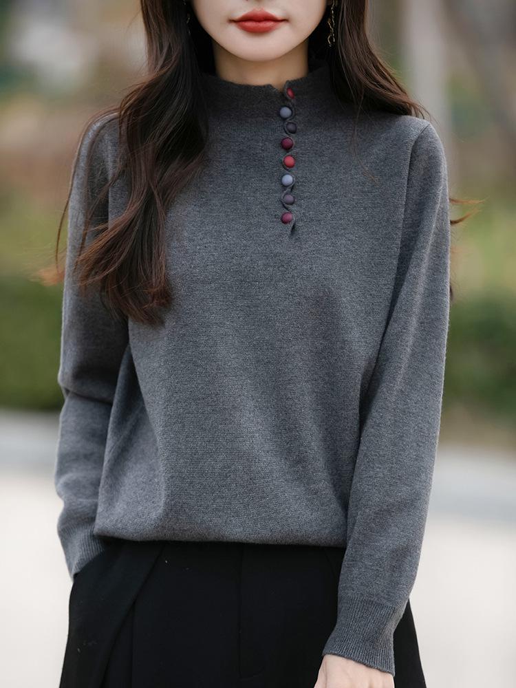 Women's Plus Size Loose Knit Half-High Collar Sweater - Autumn/Winter 2024 Collection