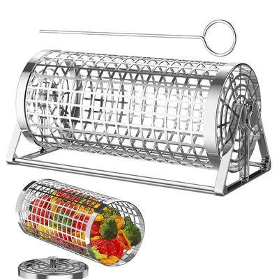 Корзина для гриля на колесах, вращающаяся сетка для гриля, трубка для барбекю, переносная сетка для барбекю, нержавеющая сталь, инструменты для барбекю на открытом воздухе для пикника, кемпинга