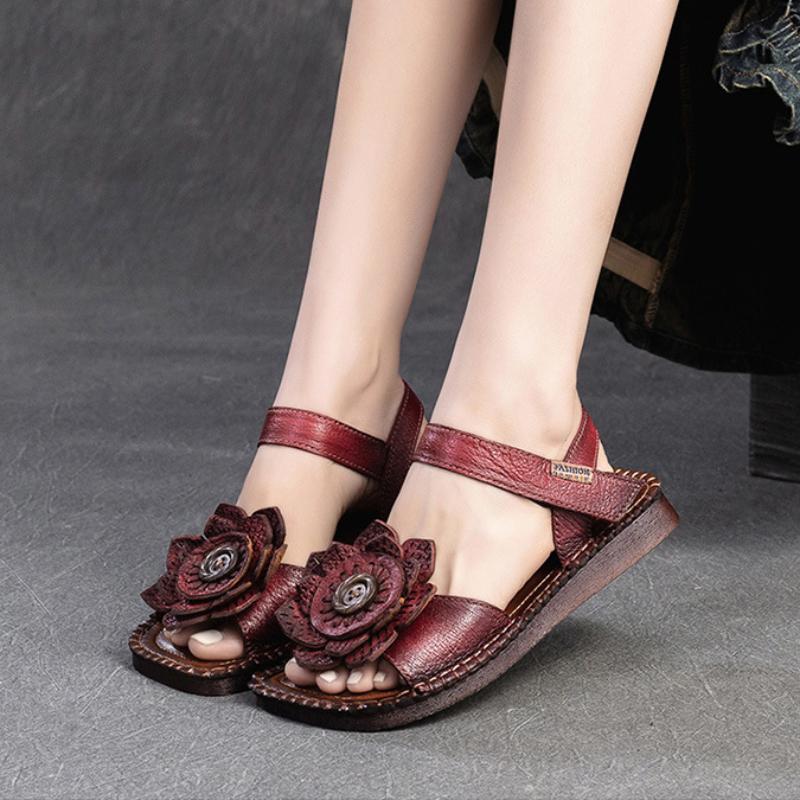 Johnature Сандалии на плоской подошве из натуральной кожи с цветочным принтом в стиле ретро, ​​удобная женская обувь с квадратным носком на мягкой подошве в этническом стиле