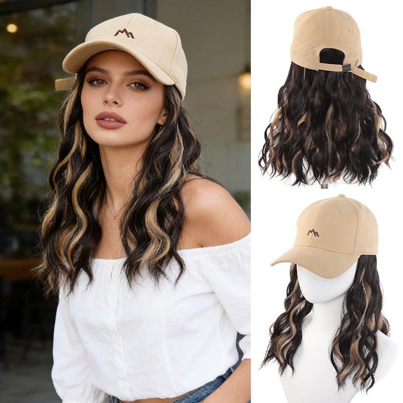 Womens Sun Protection Baseball Cap With Wig Natural Highlights Hairpiece All-in-one Hat