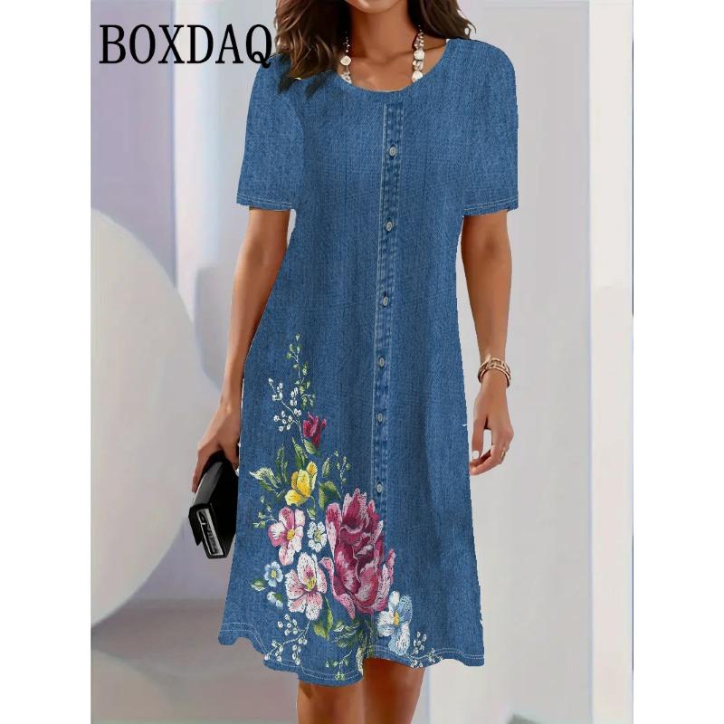 Модный тренд 2025 года 3D Имитация джинсовой ткани Женское платье Летнее уличное С коротким рукавом O-образный вырез Свободное Повседневное Платья с цветочным принтом