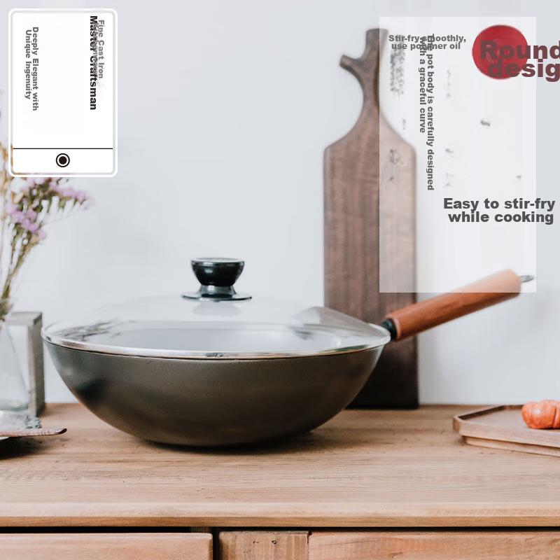 Cast Iron Wok, Uncoated Iron Pan, Cooking Pan for Home Use, Low Smoke, Round Bottom Frying Pan, Gas Stove Cookware, 30cm