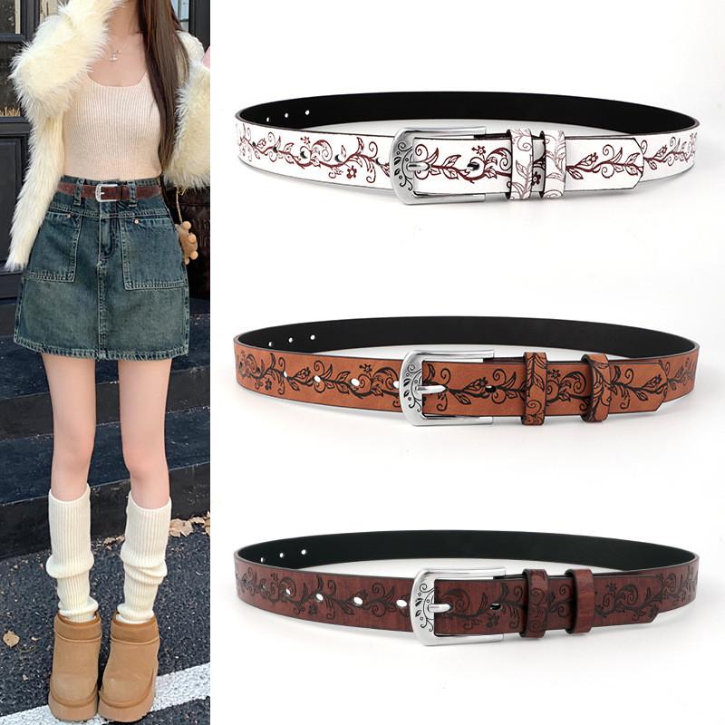 Leather Boho Inspired Belt With Embossed Design And Silver Buckle Womens For