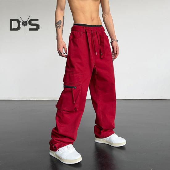 Мужские брюки-карго с большим карманом в стиле хип-хоп, широкие свободные винтажные брюки с эластичной резинкой на талии, длинные брюки с глубоким шаговым швом