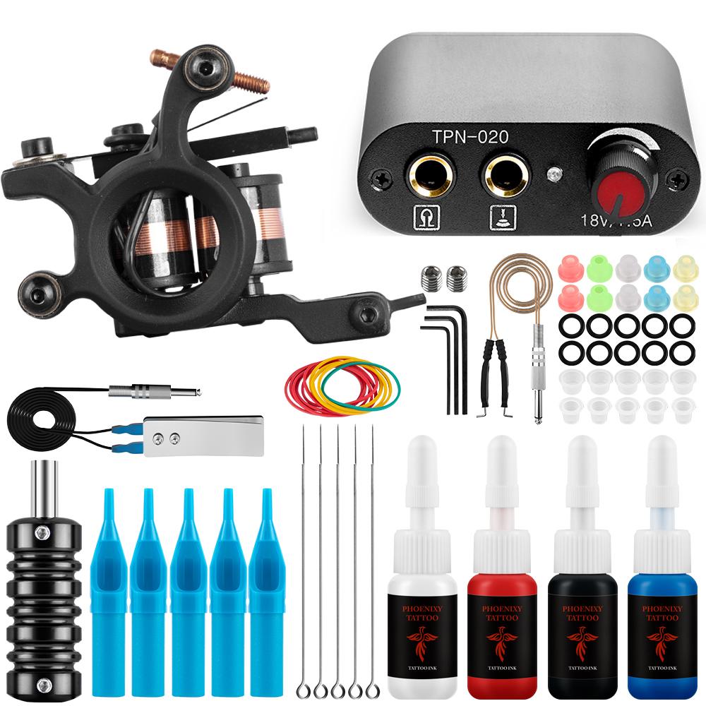 Набор катушек для татуировки PHOENIXY с 4 цветами чернил для татуировки, профессиональная катушка, лайнер для татуировки, шейдер, инструменты для татуировки, комплект принадлежностей для татуировки