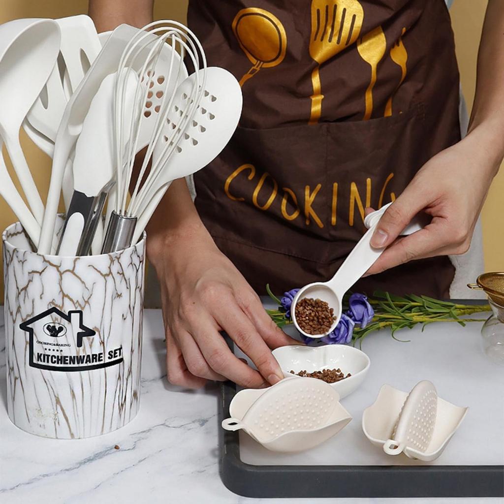 18pcs Silicone Kitchen Utensils Set with Holder Measuring Spoons Oven Mitts Nonstick Cooking Utensils Kitchen Gadgets