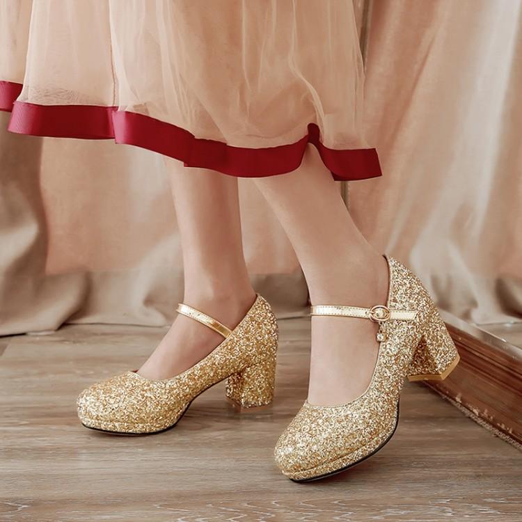 Women Glitter Golden Pumps Chunky Block Heels Platform Mary Jane Sequined Silver Shoes Woman Wedding Party 43