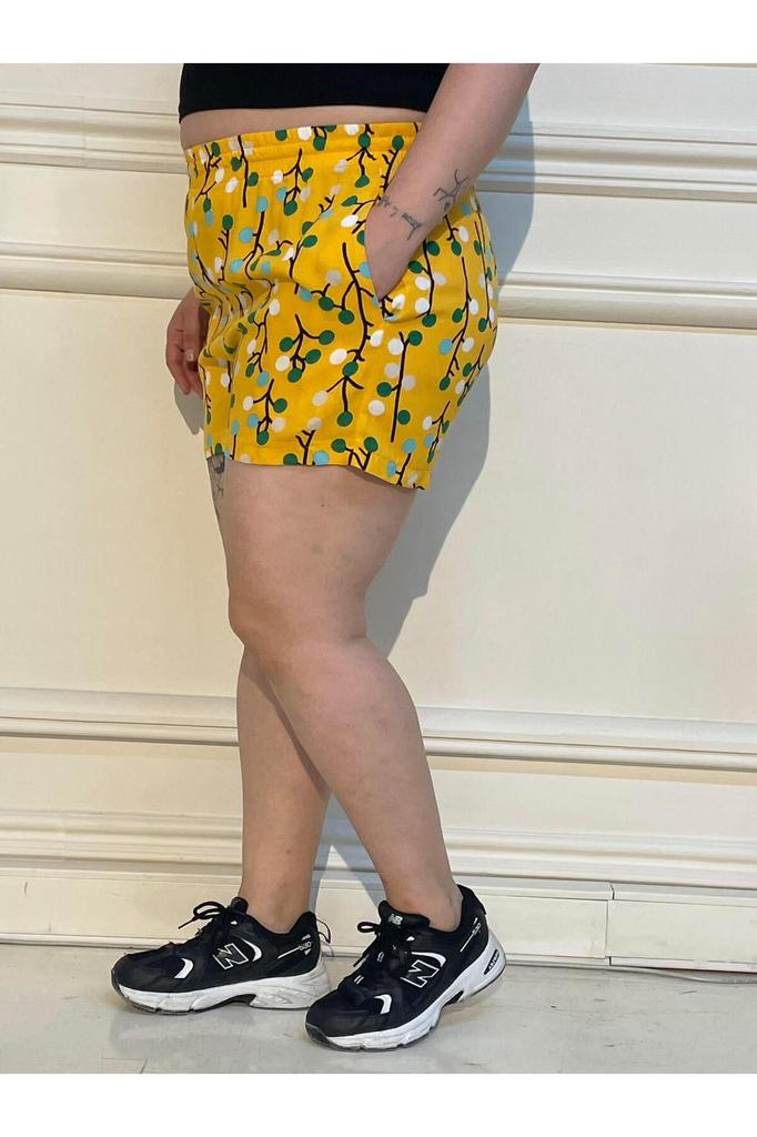 Women's Fashion Big Size Shorts & Bermudas Plus Size Yellow Cherry Patterned Shorts with Double Side Pockets
