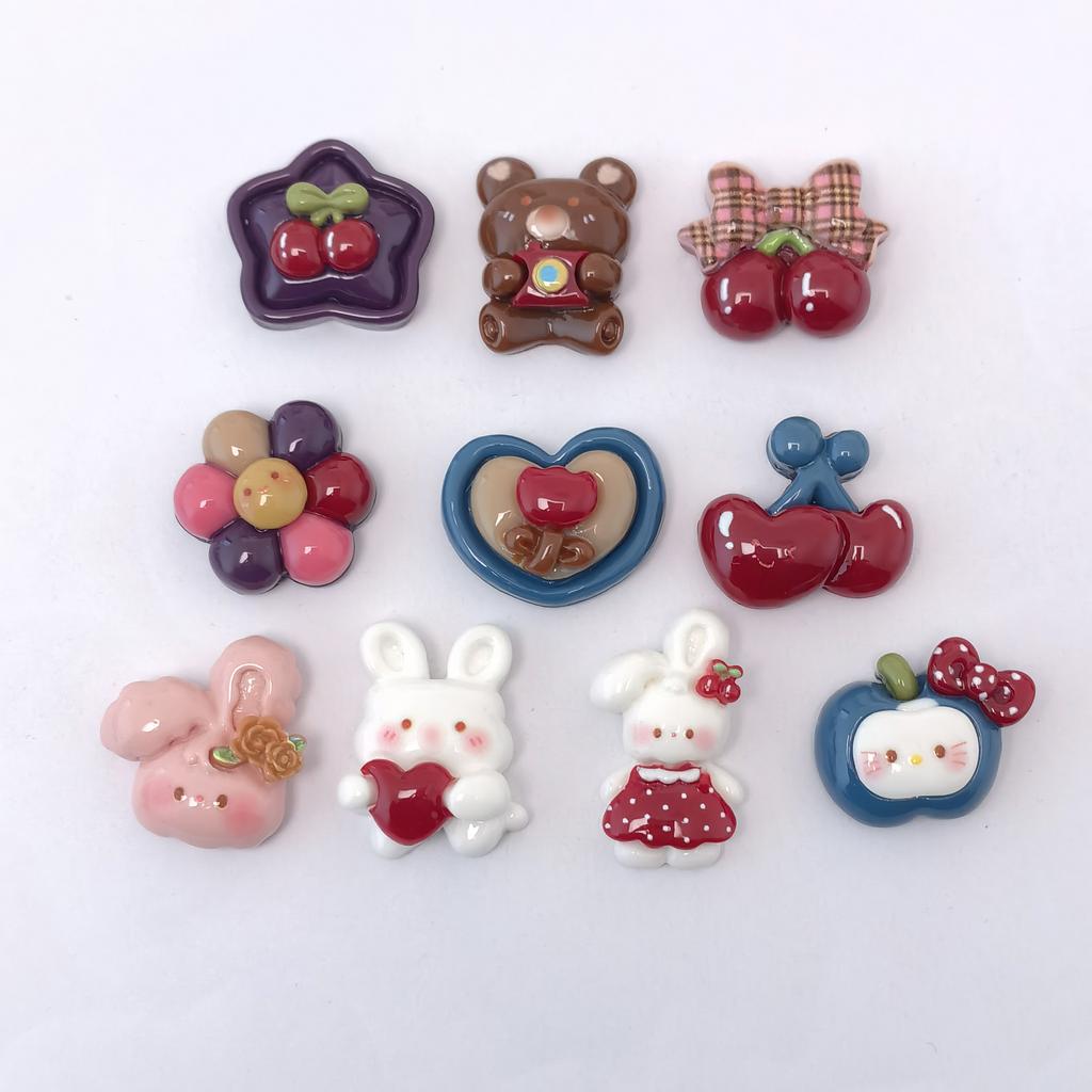 100Pcs Mixed Animal Slime Charms Kawaii Bear Rabbit Cherry Fruit Flatback Resin Cabochons Charms Bulk for DIY Crafting