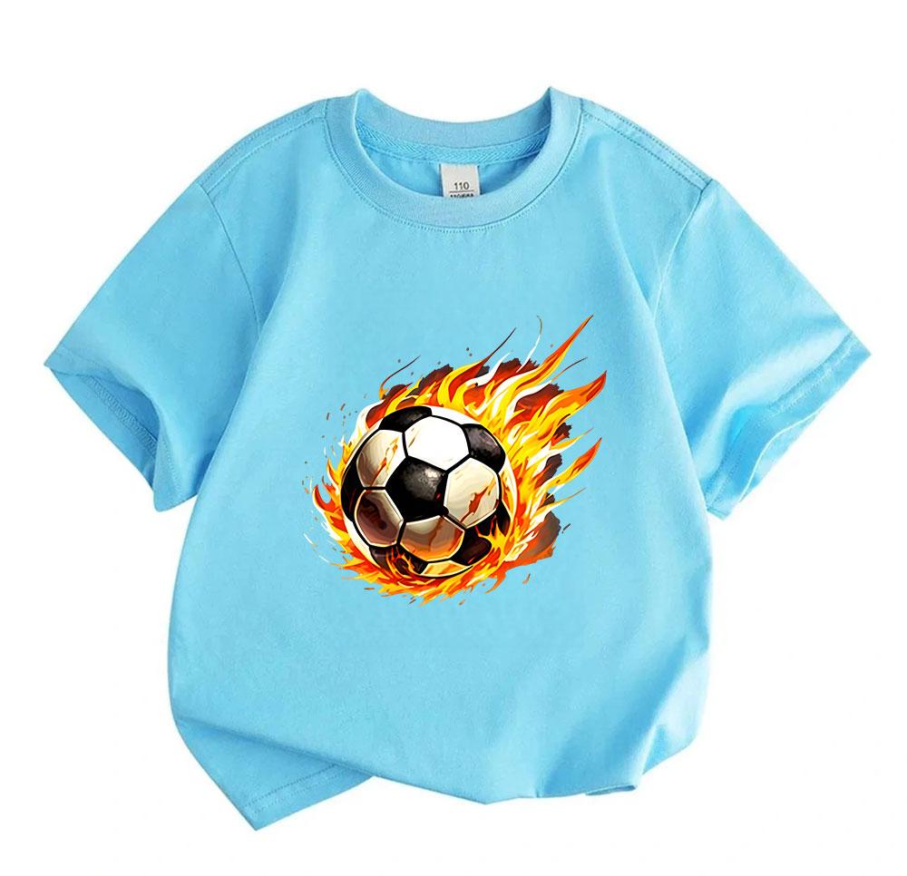 Kids Boys Girls Crew Neck Short Sleeve 100% Cotton T-shirt, Fiery Burning Soccer Ball Pattern Casual Soft Tees for Sports Enthusiast Children Daily We