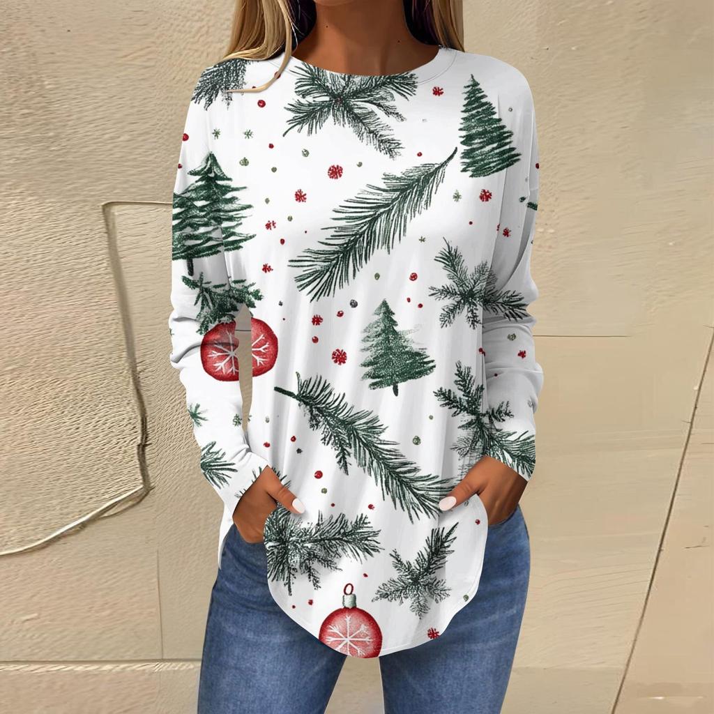 Футболки для женщин, осенние повседневные рубашки с длинными рукавами, толстовка с ретро-принтом, топ для рождественской вечеринки, пуловер