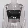Leqoel Sexy Mesh Out Backless Tank Hollow Summer Rhinestones Tops New Fashion Party See Through Fishnet Crop  for Women