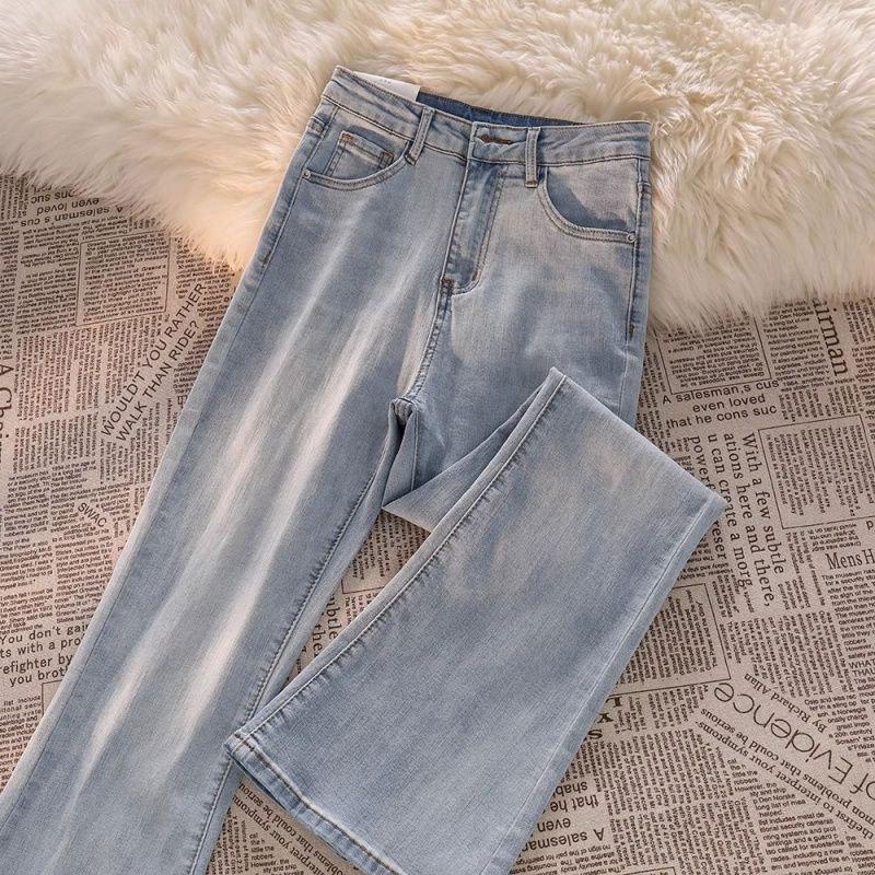 Women's High-Waist Flared Denim Trousers - Light Color, Slim Fit, Floor-Length, Autumn/Winter Versatile.