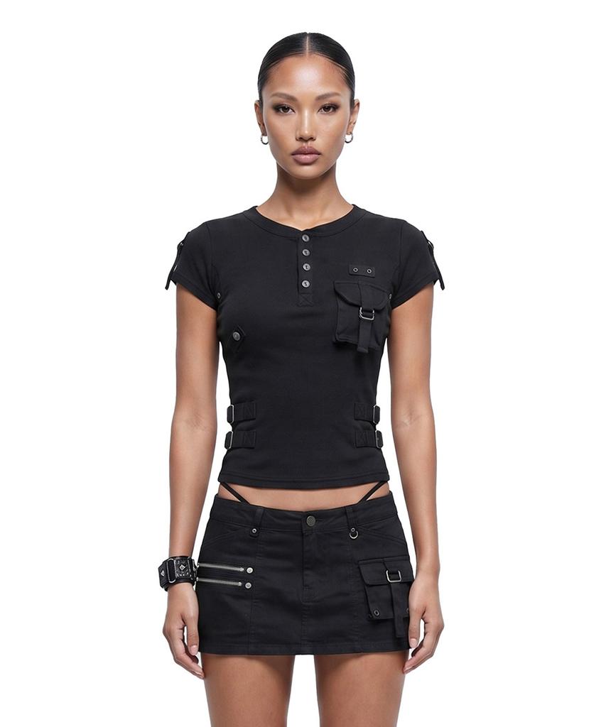 BADBLOOD Delta Utility Cotton Rib 1/2 Henley Neck T-Shirt - Black