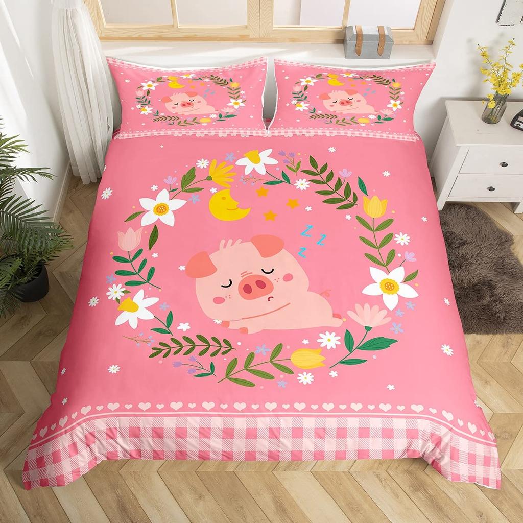 Comforter Kawaii Rabbit Cartoon Animal Bedding Set Geometry Grid Checkered Comforter Colorful Flowers Butterfly Bed Set