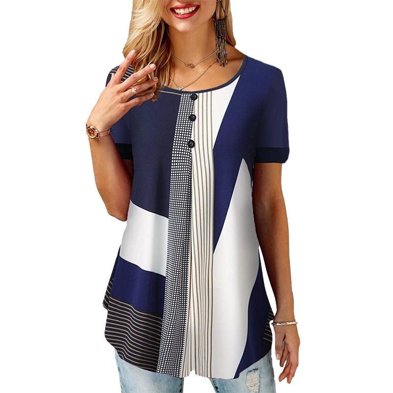 Летние женские свободные повседневные топы, корейские женские полосатые сетчатые принты с круглым вырезом и короткими рукавами, большие размеры, шифоновые футболк...