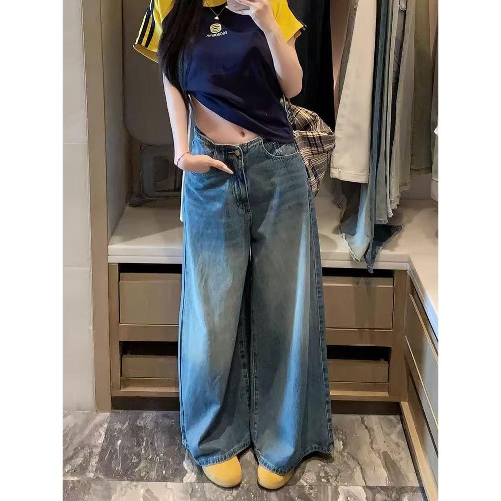 Casual Washed Denim Wide Leg Pants for Women High Waist Loose Vintage Pockets Jeans Female Trousers