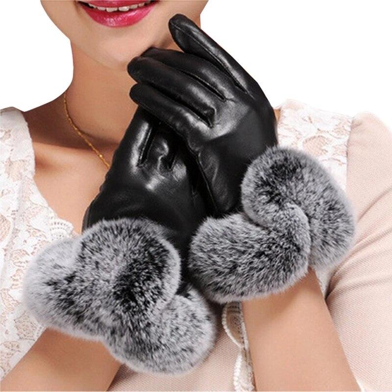 Women Winter Gloves Faux Rabbit Fur PU Leather Touch Screen Mittens Lady Female Outdoor Driving Warm Gloves