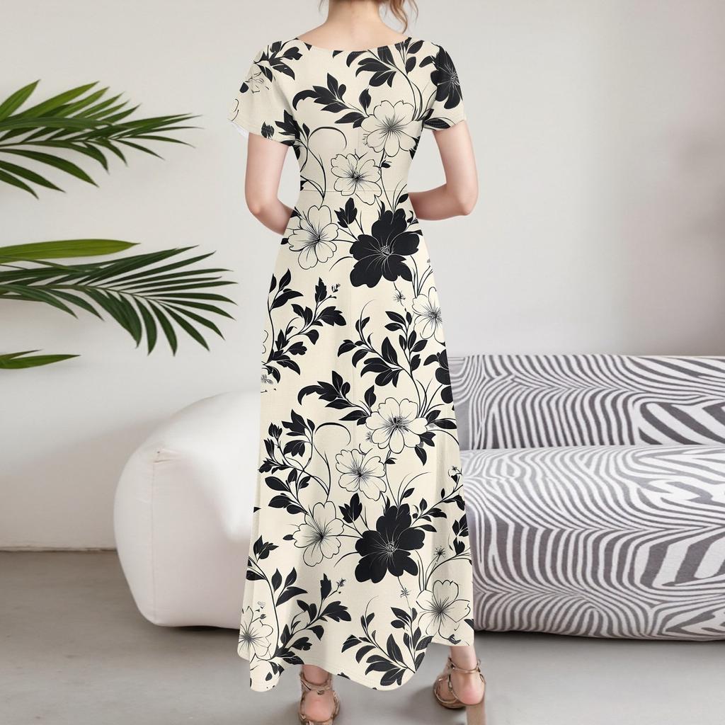 Women's Casual Fashion Print Long Dresses V-Neck Short Sleeve Dresses