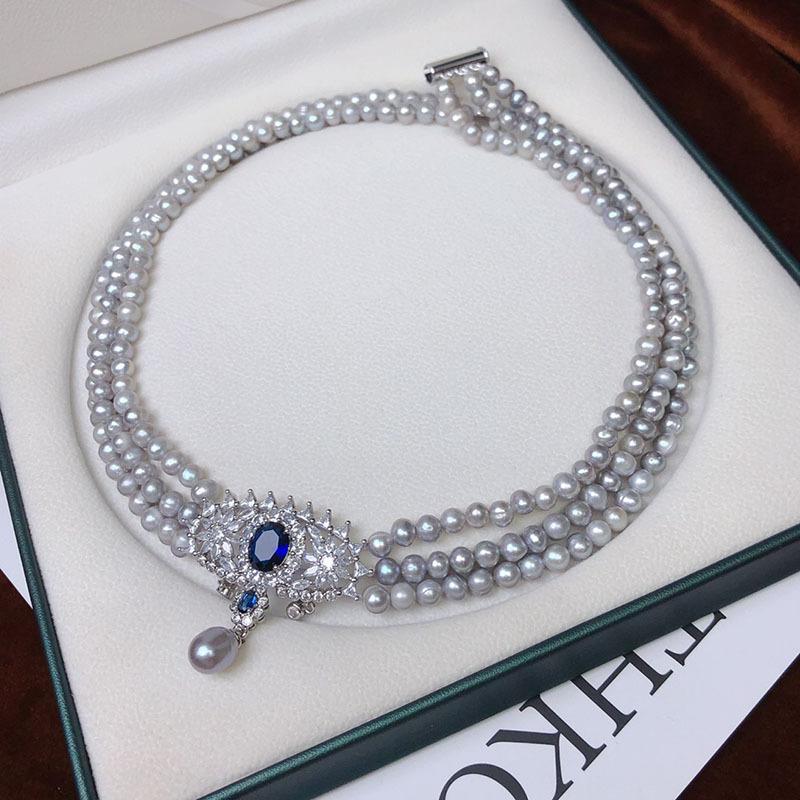 5-6mm Near Round Grey Freshwater Pearl Necklace Three-Layer Fan Choker