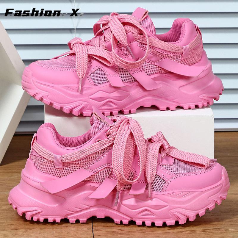 Розовые кроссовки на платформе, пара, толстая подошва, женская и мужская мода 2025 года, роскошные массивные туфли, теннисные туфли без застежек, повседневные весенние кроссовки