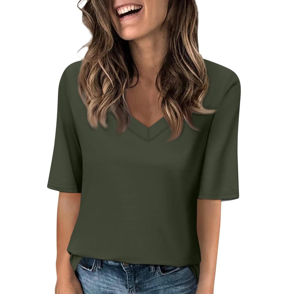 Women's Solid-color V Neck T Shirts Half Sleeve Tops Printed Casual Summer Tees T Shirt Blouse