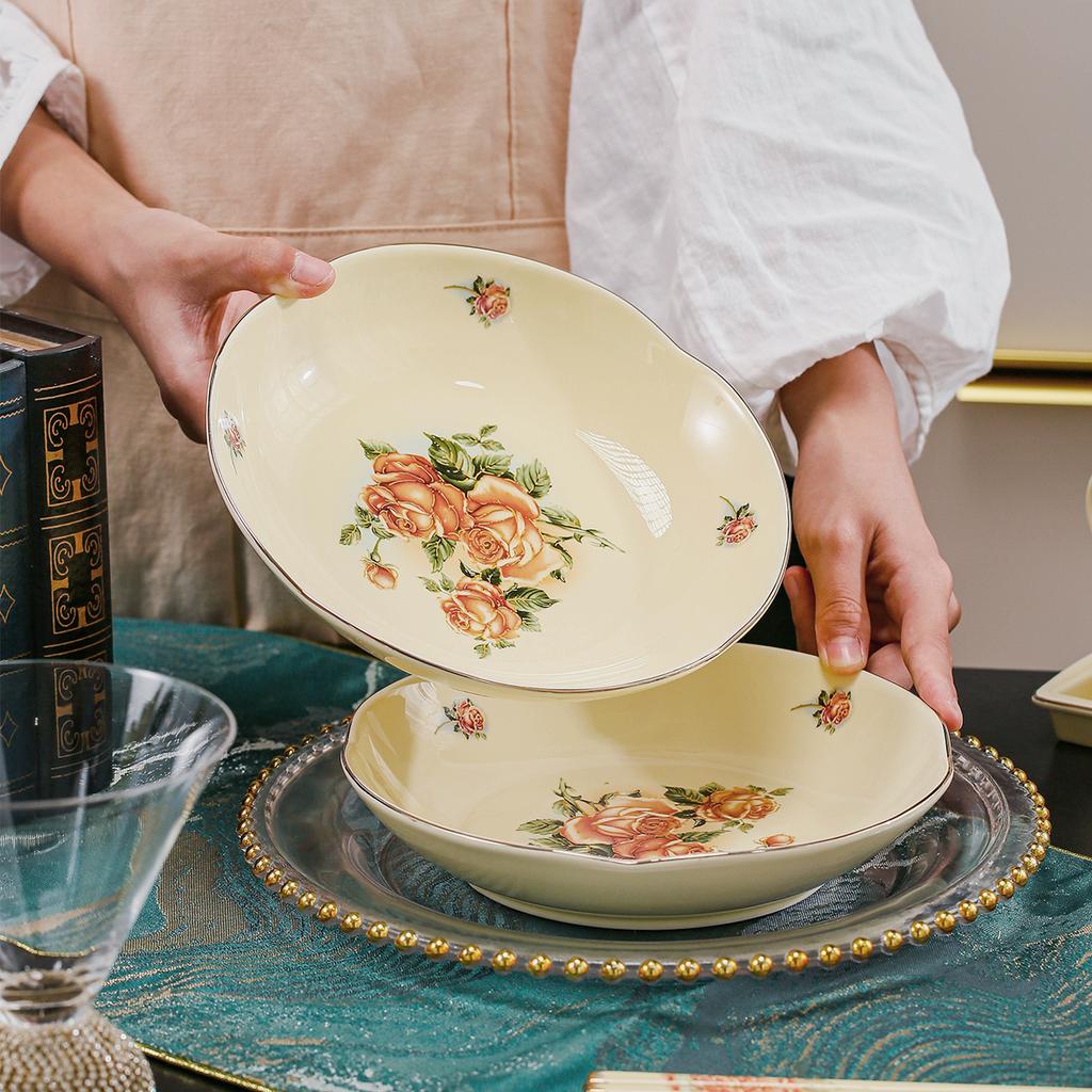 2 шт. Элегантная керамическая сервировочная тарелка в европейском стиле - Золотая отделка и узор из роз, Универсальная для стейка, пасты, супа, салата, фруктов