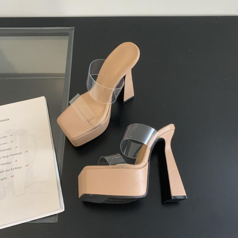 Fashion Super High-heel Women PVC Transparent Platform Slippers Designer Square Toe High Heels Slippers Nightclub High Heel Women Slides
