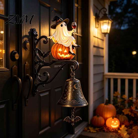 Illuminated Porch Hanging Halloween Light Up Ghost Pumpkin Doorbell, Vintage Resin Wall Bell with Spooky Yard Accessories Warm Glowing, Battery