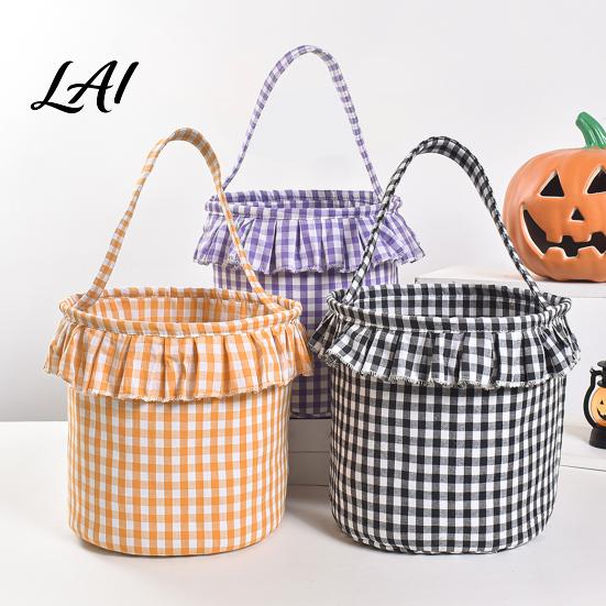 Festive Party Favor Holders Halloween Basket Plaid Ruffle Trick or Treat Candy Bucket with Handle Baskets for Kids Reusable Gingham Fabric