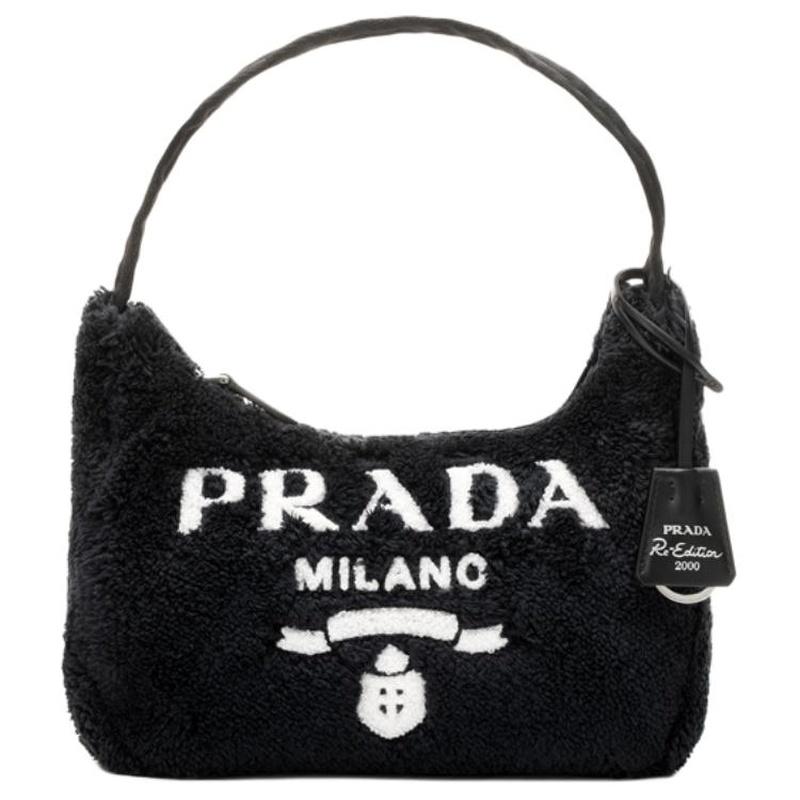 Prada Re-Edition Логотип Застежка-молния Махровая ткань Сумка под мышку Ручная сумка на плечо Мини Женская Черная