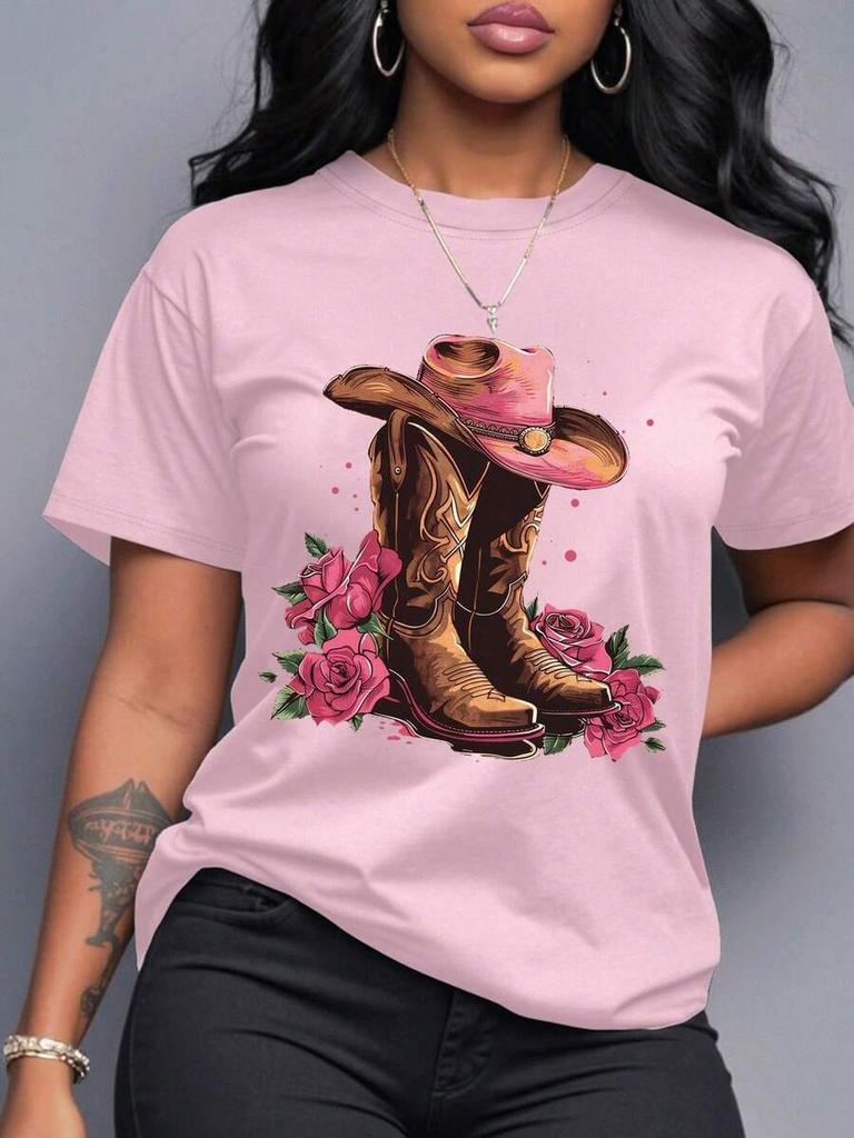 Retro Western Country Cowboy Boots Printed Unisex Tshirt Summer Casual Crew Neck Short Sleeve Graphic Tee For Daily Outfit