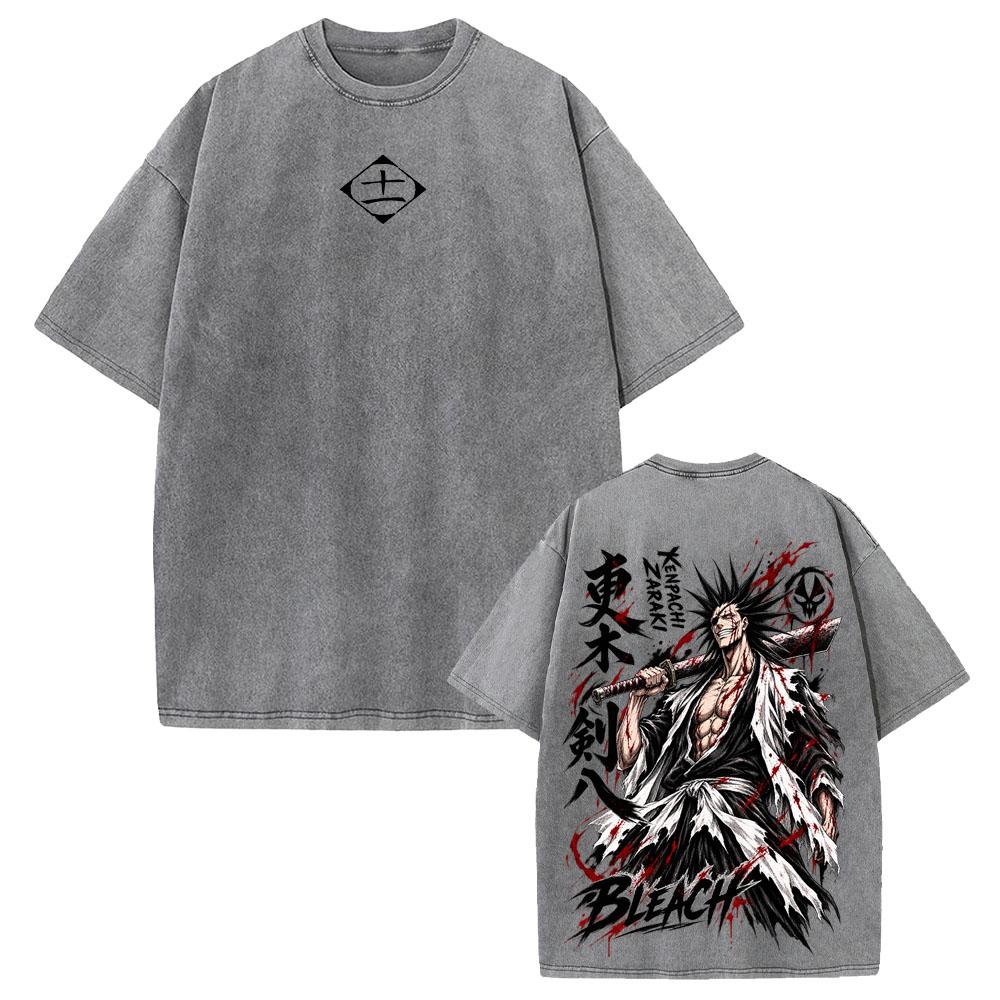 Zaraki Kenpachi BLEACH Anime T Shirt Harajuku Vintage Washed T-shirt Men Clothing Short Sleeve Oversized Cotton Tees Clothes