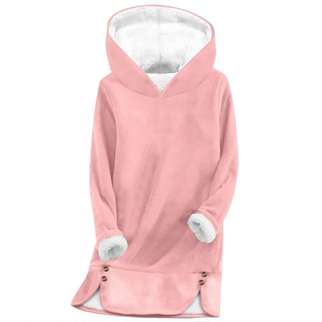 Women's Fashionable Solid Color Hooded Long Sleeved Plush Versatile Warm Bottom Shirt Top