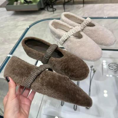 Версия из овчины~ Мягкий ветер, круглый носок, неглубокий вырез, плоская подошва, туфли Мэри Джейн, пушистые туфли, женские зимние хлопковые туфли, одинарная туфля
