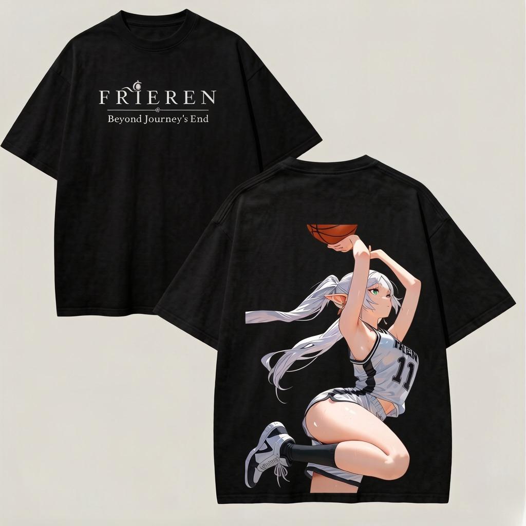 2026 Summer Frieren Beyond Journeys End Double Sided TShirt Basketball Elf Anime Print Oversized Cotton Tee For Unisex Unisex Fans