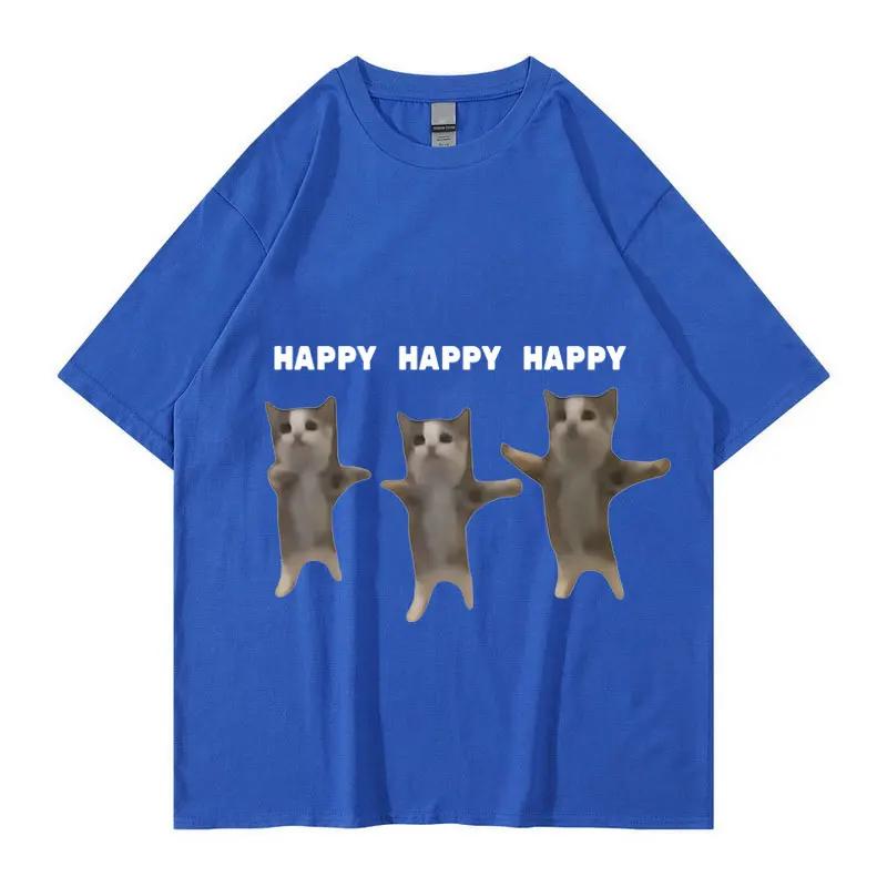 Cat Print T-shirt for Men and Women Happy Dancing Cat Print Short Sleeve Shirt Casual Cotton Fashion Plus Size Graphic T Shirts