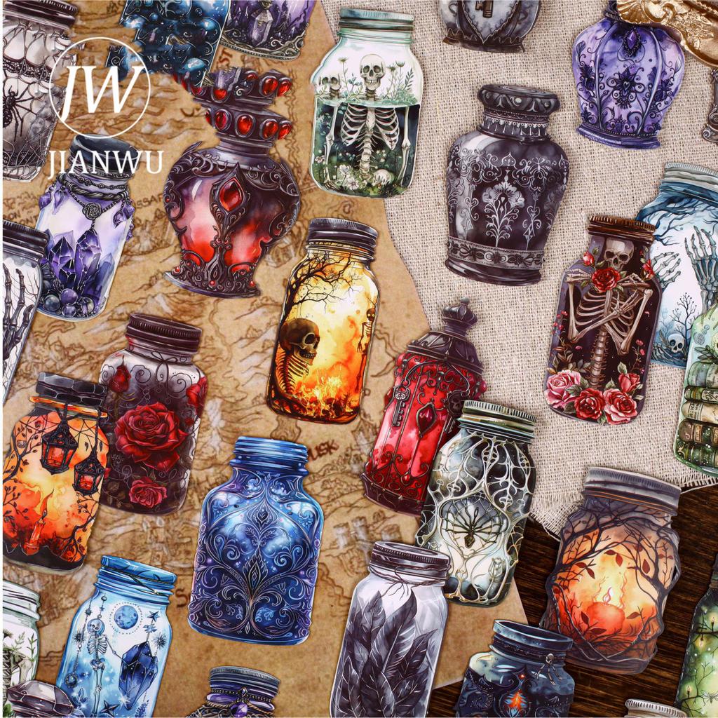 JIANWU Magic Bottle Series Vintage Dark Skeleton Landscape Material Collage Scrapbook Sticker Creative DIY Journal Stationery
