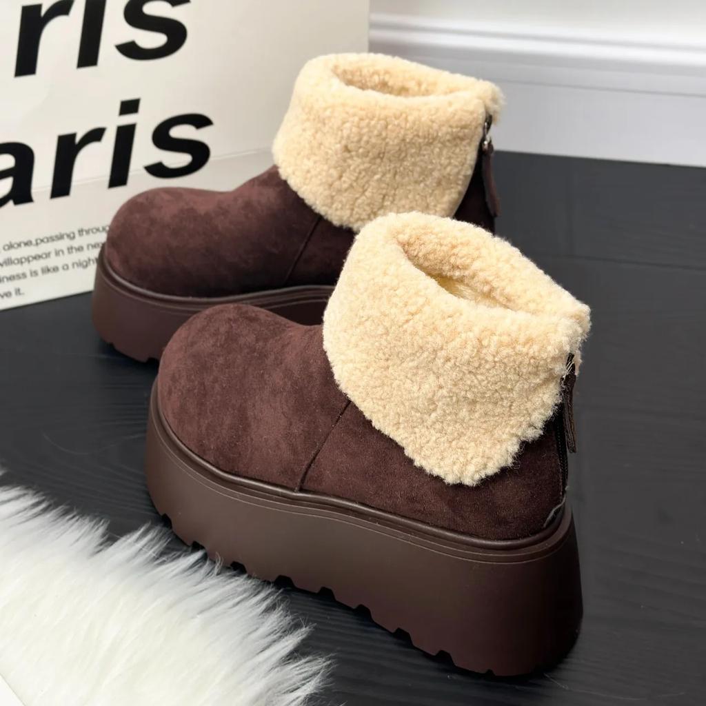 Fashion Snow Boots Women's Winter New Retro Thick Soled Height Increasing Cotton Boots Fashionable Round Toe Flanged Cotton Boots