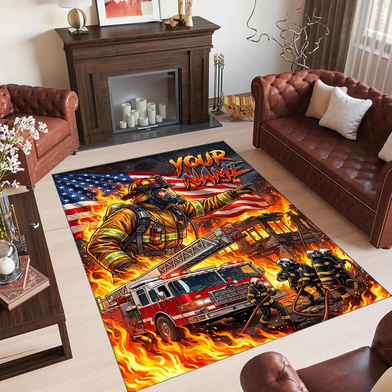 Fire Truck Theme Crystal Velvet Rug Personalized Custom Name Text Soft Floor Mat Home Decor