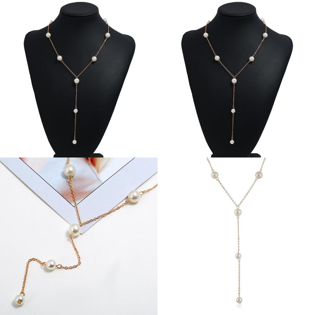Women Pearl Long Necklace With Water Wave Chain For Wedding And Events Formal