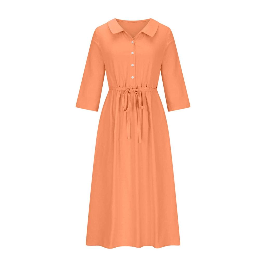 2024 Summer Trendy Lapel Dress: Cotton & Linen, Five-Point Sleeve, Long Skirt