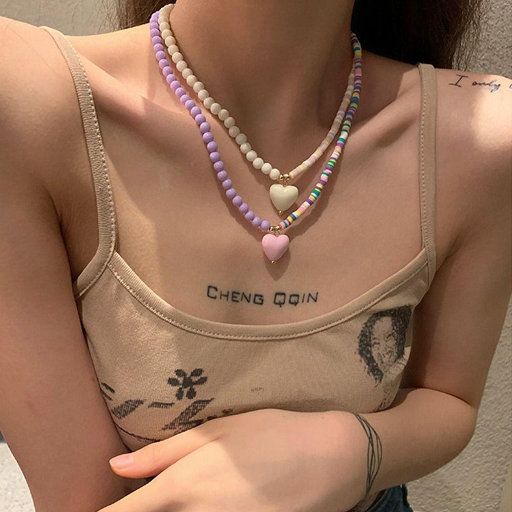 Gift Simple Women Jewelry Accessories Rainbow Color Necklace Korean Necklace Love Heart Pendant