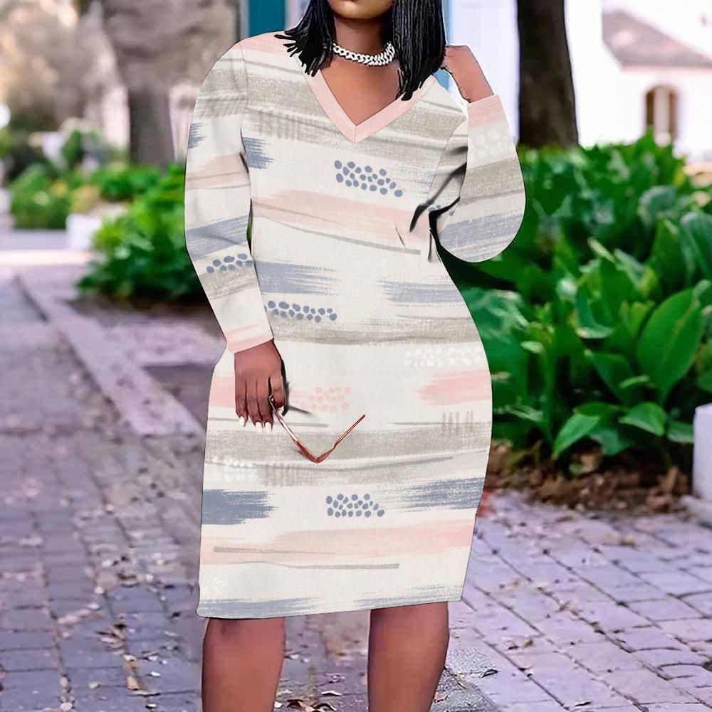 Women Plus Size V Neck Long Sleeve Printed Fitted Straight Hem Dress
