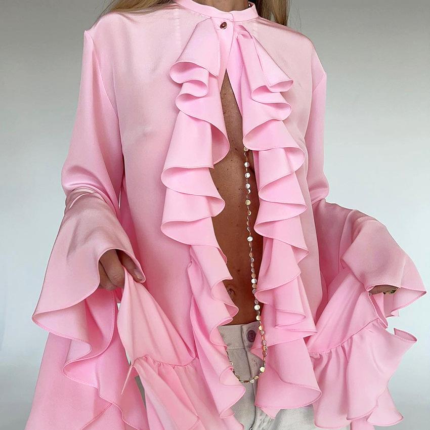 Женский осенне-зимний кардиган с длинными рукавами и оборками в стиле темперамент